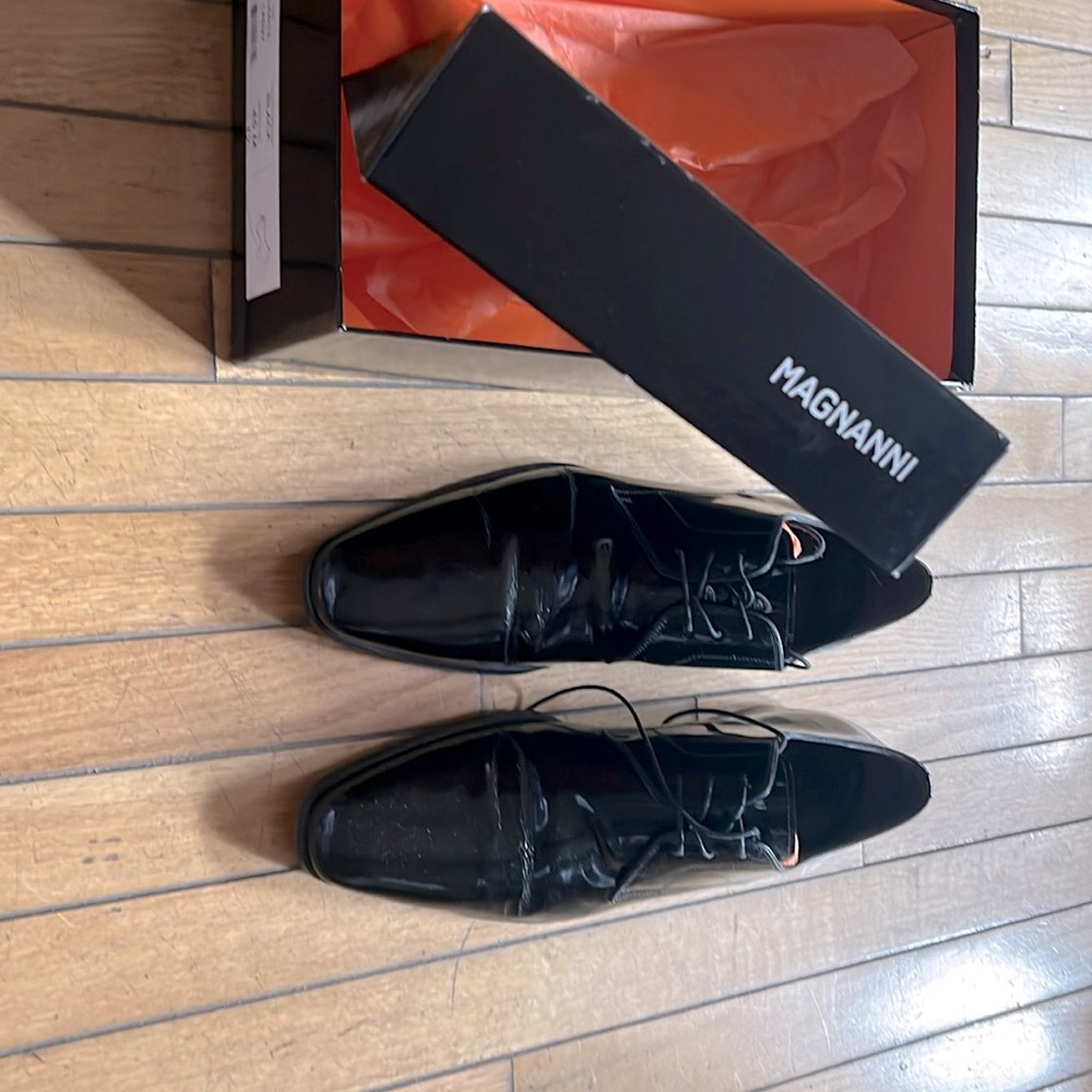Men’s Black Magnanni patient leather formal shoe size 12  almost like new.